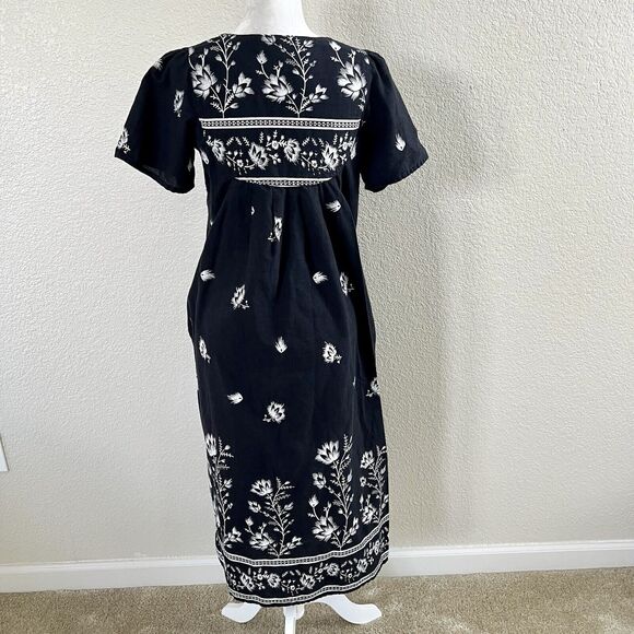 Vintage Loungees Small Black White Floral Mumu House Sleep Dress Kaftan Pockets - Picture 6 of 11
